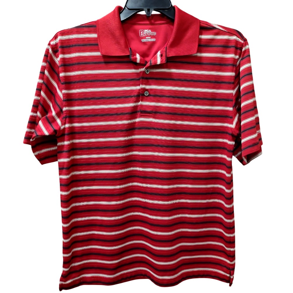 PGA Tour Mens Medium Striped‎ Golf Polo Shirt Red White Black